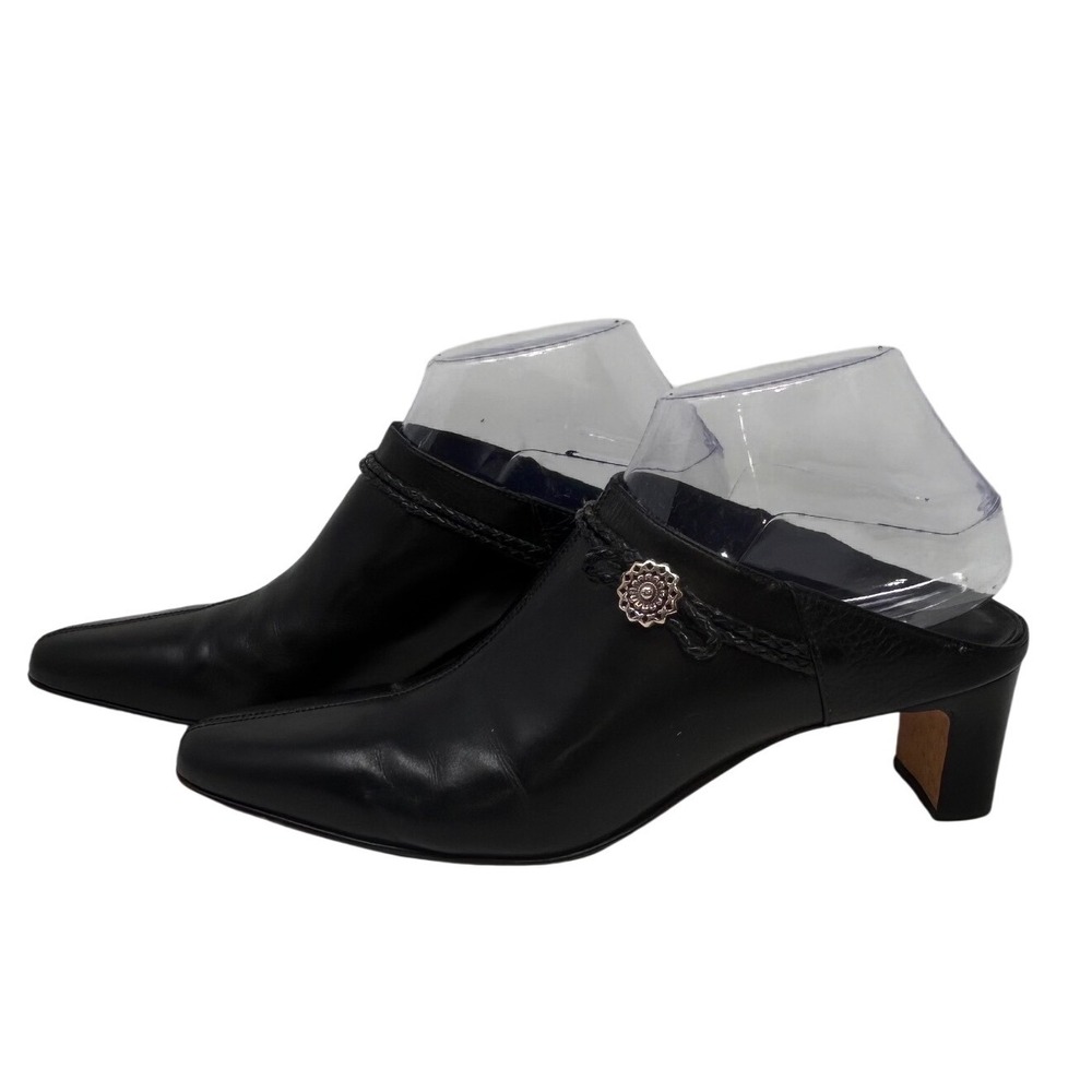 Brighton Twist Black Leather Mules Square Toe Concho Braided 8N Brazil